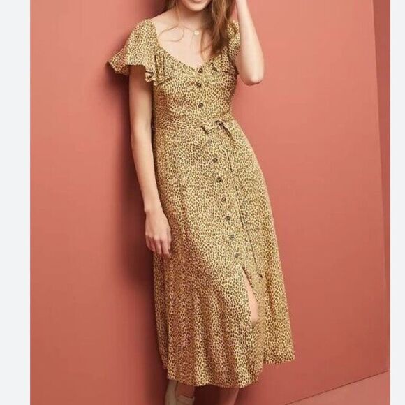 ANTHROPOLOGIE BOLONO CHEETAH PRINT BUTTON UP RUFFLE BELTED DRESS size 16W NWOT - Picture 2 of 7